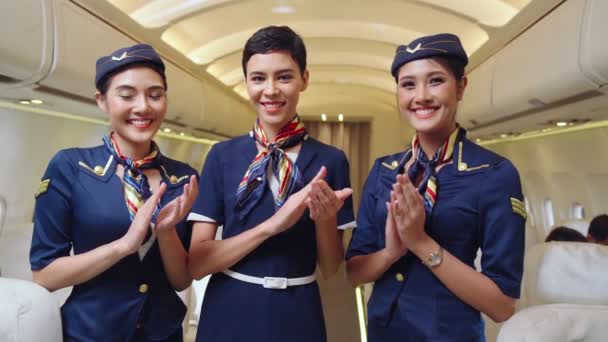 L'équipage de cabine applaudit les mains dans l'avion — Video