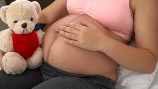 Lykkelig gravid kvinde og forventer baby derhjemme. – Stock-video