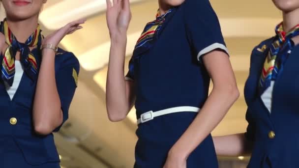 机舱乘务员欢快地在飞机上起舞 — 图库视频影像