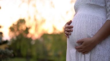 Hamile kadın bahçe evinde mutlu..