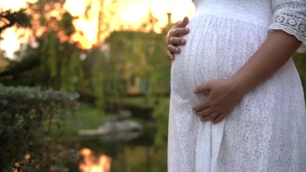 Zwangere vrouw zich gelukkig voelen in de tuin huis. — Stockvideo