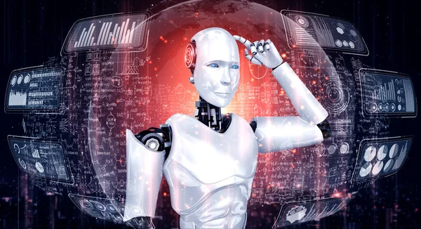 Thinking AI humanoid robot analyzing screen of mathematics formula and science