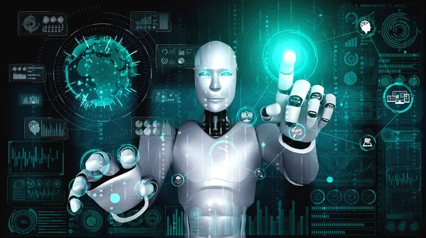 AI humanoid robot touching virtual hologram screen showing concept of big data — Stock Photo, Image