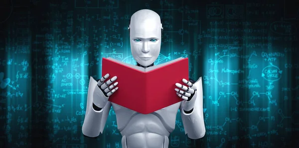 3D illustratie van robot humanoïde lezen boek en het oplossen van wiskunde — Stockfoto