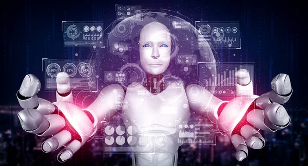 Τεχνητό ανθρωποειδές ρομπότ με εικονική οθόνη ολόγραμμα που δείχνει την έννοια των μεγάλων δεδομένων — Φωτογραφία Αρχείου