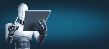 Gelecekteki ofiste tablet bilgisayar kullanan robot insanımsı