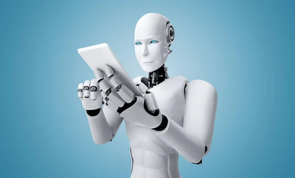 Robot humanoid używać telefonu komórkowego lub tabletu w przyszłym biurze — Zdjęcie stockowe