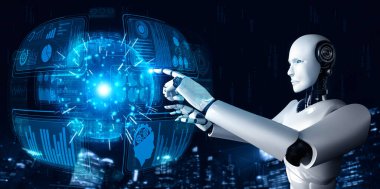 Yapay zeka robotu büyük veri kavramını gösteren sanal hologram ekranına dokunuyor