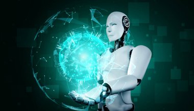 Hologram ekranı tutan yapay zeka robotu küresel iletişim kavramını gösteriyor