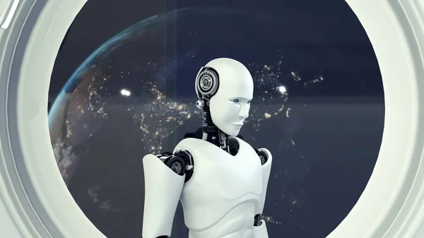 Robot futurista, inteligencia artificial CGI dentro de la nave espacial en el universo espacial —  Fotos de Stock