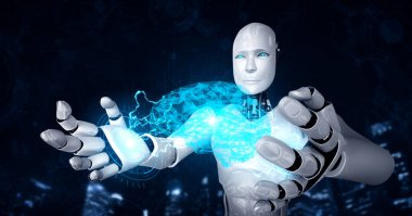 Yapay zeka robotu sanal sanal sanal ekran tutarak yapay zeka beyni kavramını gösteriyor