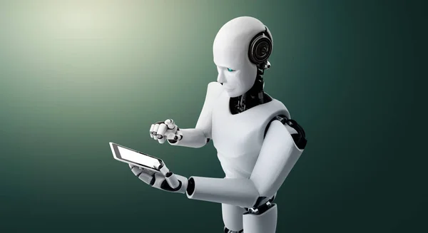 Robot humanoid use mobile phone or tablet in future office