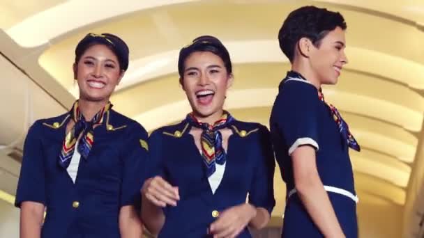 Cabin crew dancing with joy in airplane — Stock Video