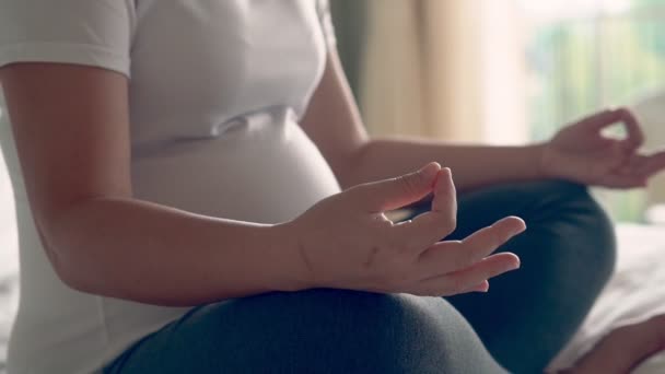 O femeie gravidă fericită și așteaptă un copil acasă . — Videoclip de stoc