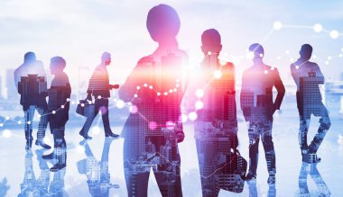 Birçok iş adamının soyut görüntüsü şehrin arka planında bir arada.