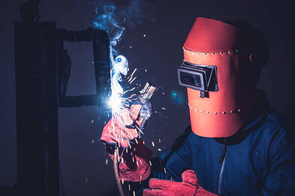 Metal welding steel works using electric arc welding machine