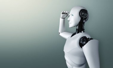 Ayakta duran insansı robot temiz bir arkaplanda ileriye bakıyor
