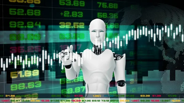 Futuristic robot, artificial intelligence CGI for stock exchange market trading