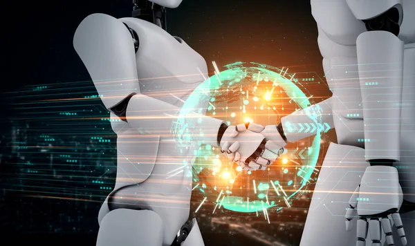 3D renderizado humanoide robot apretón de manos para colaborar con la tecnología futura —  Fotos de Stock