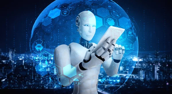 Robothumanoid använda mobiltelefon eller surfplatta för global nätverksanslutning — Stockfoto