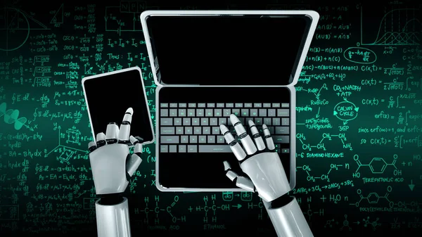Robot humanoid używać laptopa i siedzieć przy stole do nauki inżynierii — Zdjęcie stockowe