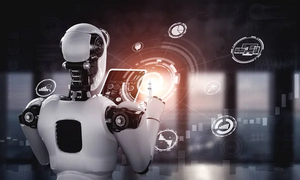 Robot humanoïde utilisant un ordinateur tablette pour une connexion réseau mondiale — Photo