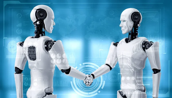 3D rendering humanoid robot handshake to collaborate future technology — Stock Photo, Image