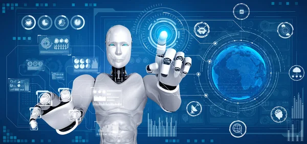 AI humanoid robot vidröra virtuell hologram skärm visar begreppet big data — Stockfoto