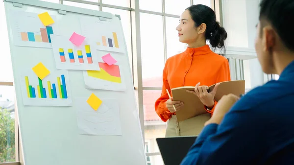 Young woman explains business data on white board — Stock Photo, Image