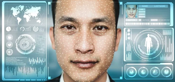 Tecnologia de reconhecimento facial digitalizar e detectar pessoas rosto para identificação — Fotografia de Stock