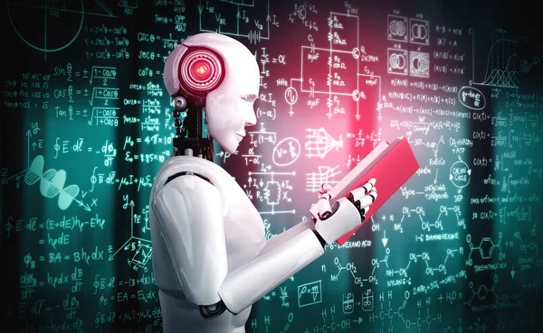 Illustration 3D de robot humanoïde livre de lecture et de résolution de mathématiques — Photo