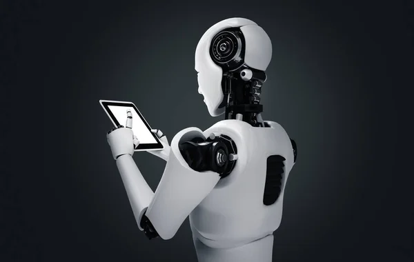 Ρομπότ ανθρωποειδές χρησιμοποιώντας υπολογιστή ταμπλέτα στο μελλοντικό γραφείο — Φωτογραφία Αρχείου