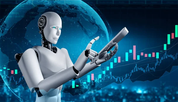 Zukünftige Finanztechnologie durch KI-Roboter mit maschinellem Lernen gesteuert — Stockfoto