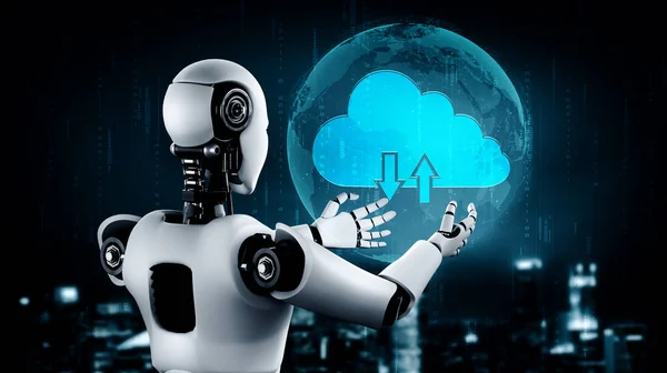 AI robot používající technologii cloud computing k ukládání dat na online server — Stock fotografie