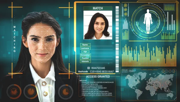 La tecnologia di riconoscimento facciale esegue la scansione e rileva il volto delle persone per l'identificazione — Foto Stock