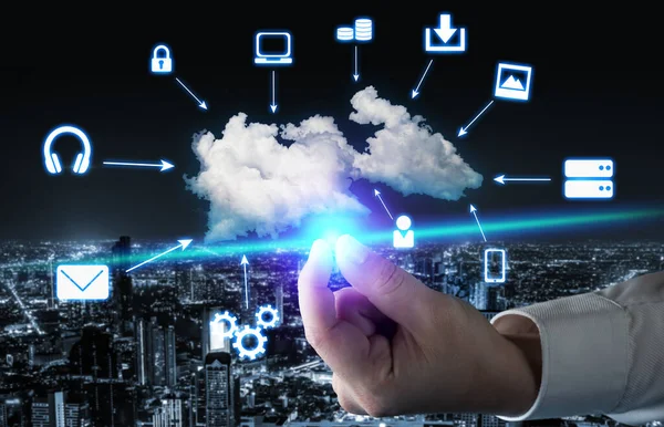 Cloud computing-technologie en online gegevensopslag voor wereldwijde gegevensuitwisseling. — Stockfoto