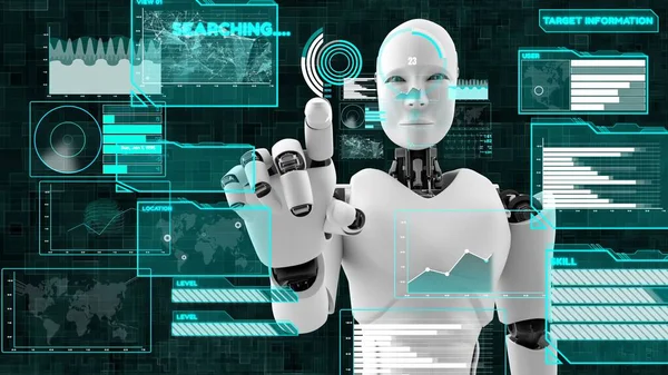 Robot futurista, inteligencia artificial Análisis y programación de big data CGI —  Fotos de Stock