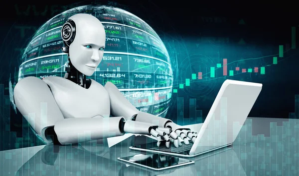 A gépi tanulást alkalmazó AI robot által irányított jövőbeli pénzügyi technológia — Stock Fotó