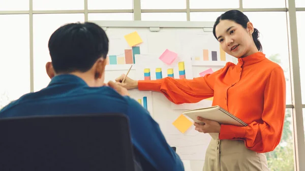 Young woman explains business data on white board — Stock Photo, Image