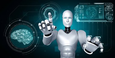 Yapay zeka robotu sanal sanal sanal ekrana dokunuyor ve yapay zeka beyni kavramını gösteriyor.
