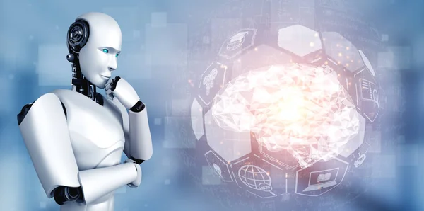 Pensando AI robô humanoide analisando tela holográfica mostrando conceito de AI — Fotografia de Stock