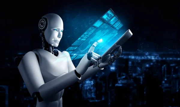 Robot humanoid med hjälp av surfplatta för big data analytics — Stockfoto