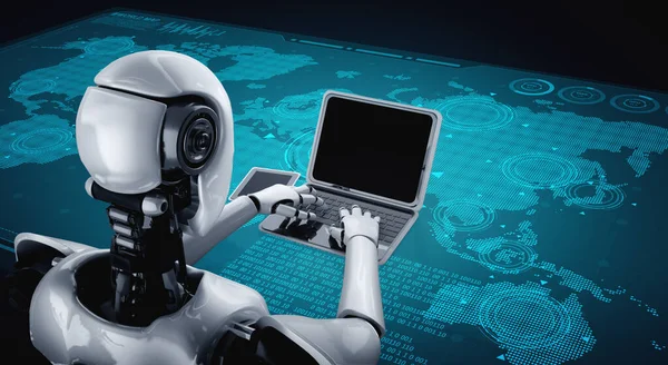 Robot humanoid use laptop and sit at table for global network connection — Stock Photo, Image