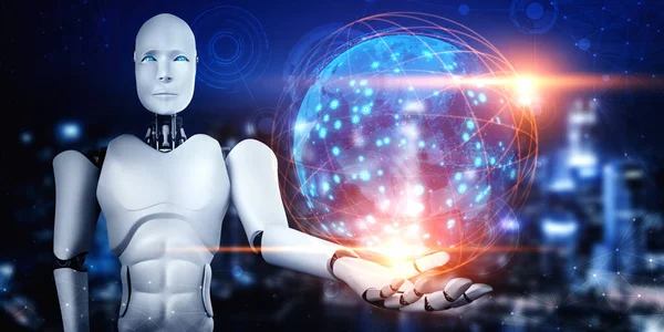 AI humanoid robot innehav hologram skärm visar begreppet global kommunikation — Stockfoto