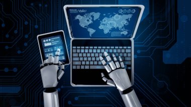 Robot insanımsı dizüstü bilgisayar kullanın ve küresel ağ bağlantısı için masaya oturun