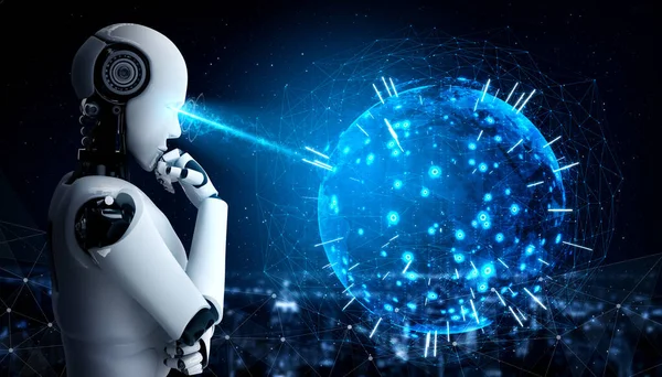 Att tänka AI humanoid robot analysera hologram skärm visar begreppet nätverk — Stockfoto