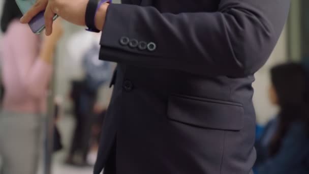 Affärsman som använder mobiltelefon på tåg — Stockvideo