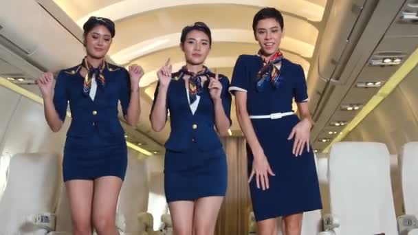 Cabin crew dancing with joy in airplane — Stock Video