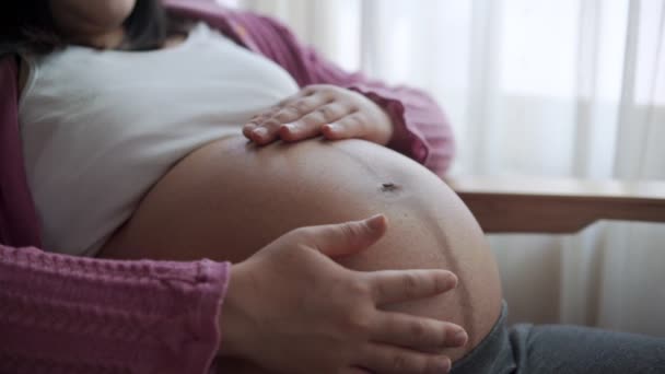 Gelukkig zwangere vrouw en verwacht baby thuis. — Stockvideo