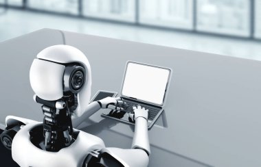 Robot insanımsı dizüstü bilgisayarı kullanın ve gelecekteki ofiste masaya oturun.
